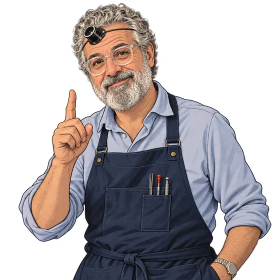 Mr F, an illustrated watchmaker with a loupe on his forehead, raising one finger